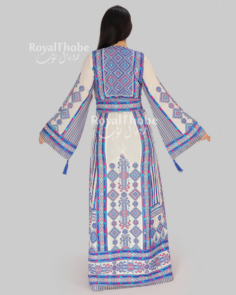 White/Blue Dimond Maleka Kashmer Full Embroidered Thobe