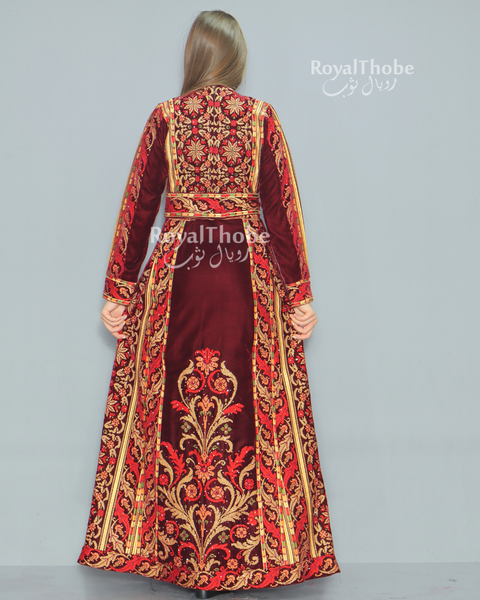 Burgundy Velvet Full Embroidered Thobe With Removable Skirt
