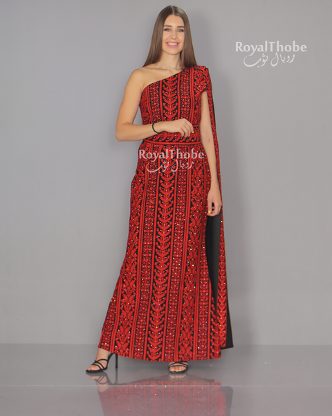 Black/Red Modern One Shoulder Embroidered Dress