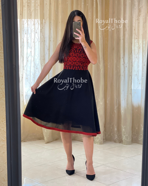 Black/Red Modern Short Puffy Embroidered Dress