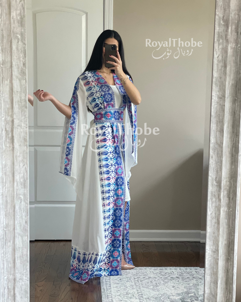 White/Blue Long Open Sleeves Embroidered Bisht