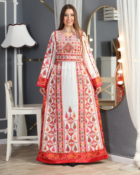 White/Red Triangle Dimond Full Embroidered Thobe