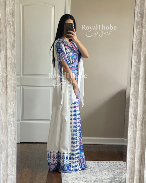 White/Blue Long Open Sleeves Embroidered Bisht