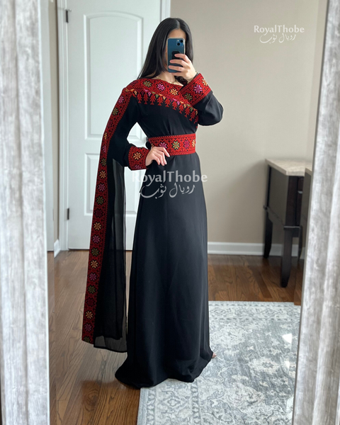 Black/Red Modern Asymmetric Neck Style Full Embroidered Dress