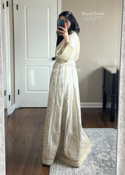 White/Gold Kasab Moroccan Style Full Embroidered Kaftan