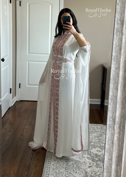 White/Pink Simple Embroidered Kaftan