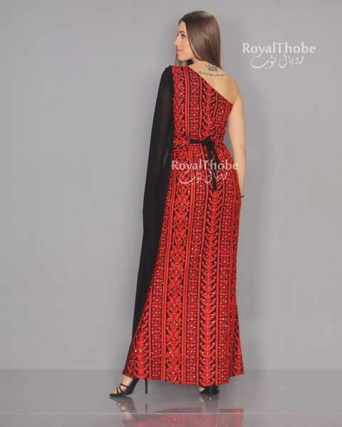 Black/Red Modern One Shoulder Embroidered Dress