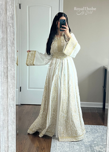 White/Gold Kasab Moroccan Style Full Embroidered Kaftan