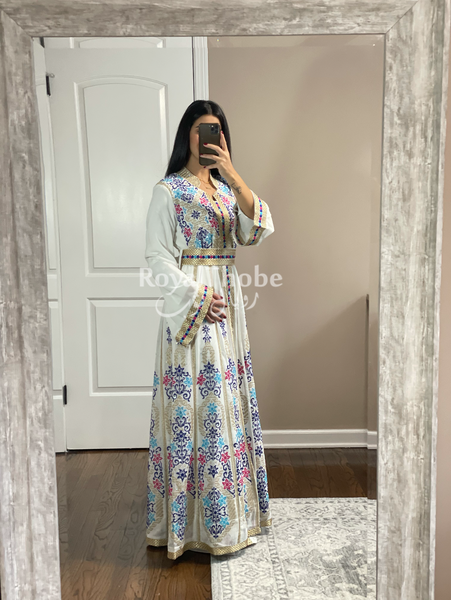 Bridal White/Blue Moroccan Style Full Embroidered Kaftan
