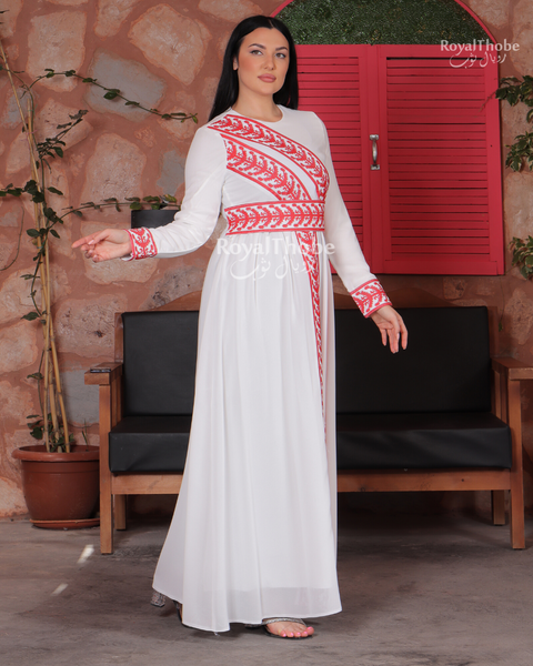 White/Red Two Lines Simple Embroidered Dress