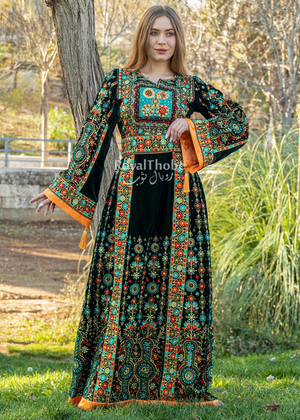 Velvet Olive Green/Orange Flower Maleka Full Embroidered Thobe