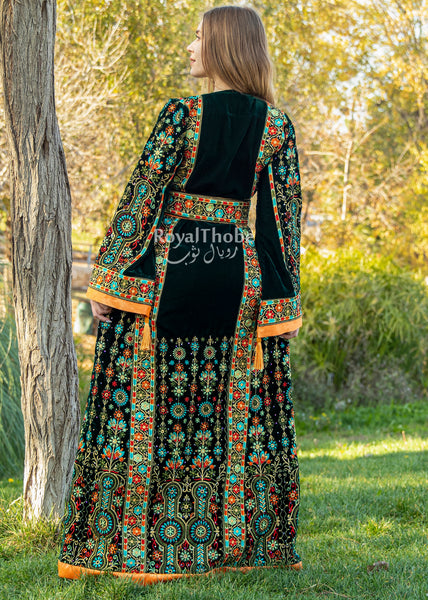 Velvet Olive Green/Orange Flower Maleka Full Embroidered Thobe