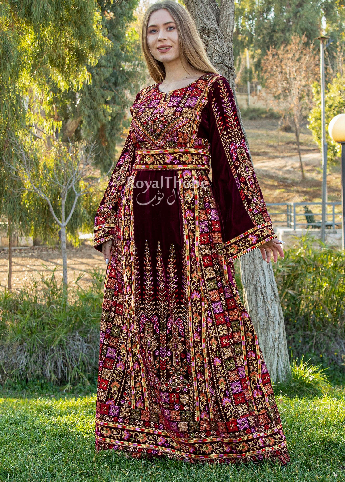 Velvet Burgundy Flower Maleka Full Embroidered Thobe