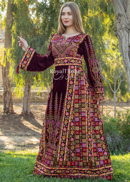 Velvet Burgundy Flower Maleka Full Embroidered Thobe