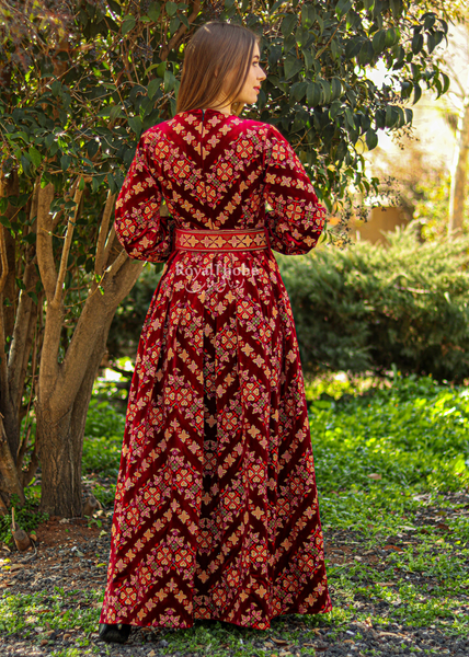 Velvet Burgundy Princess Cut Full Embroidered Thobe/ Dress