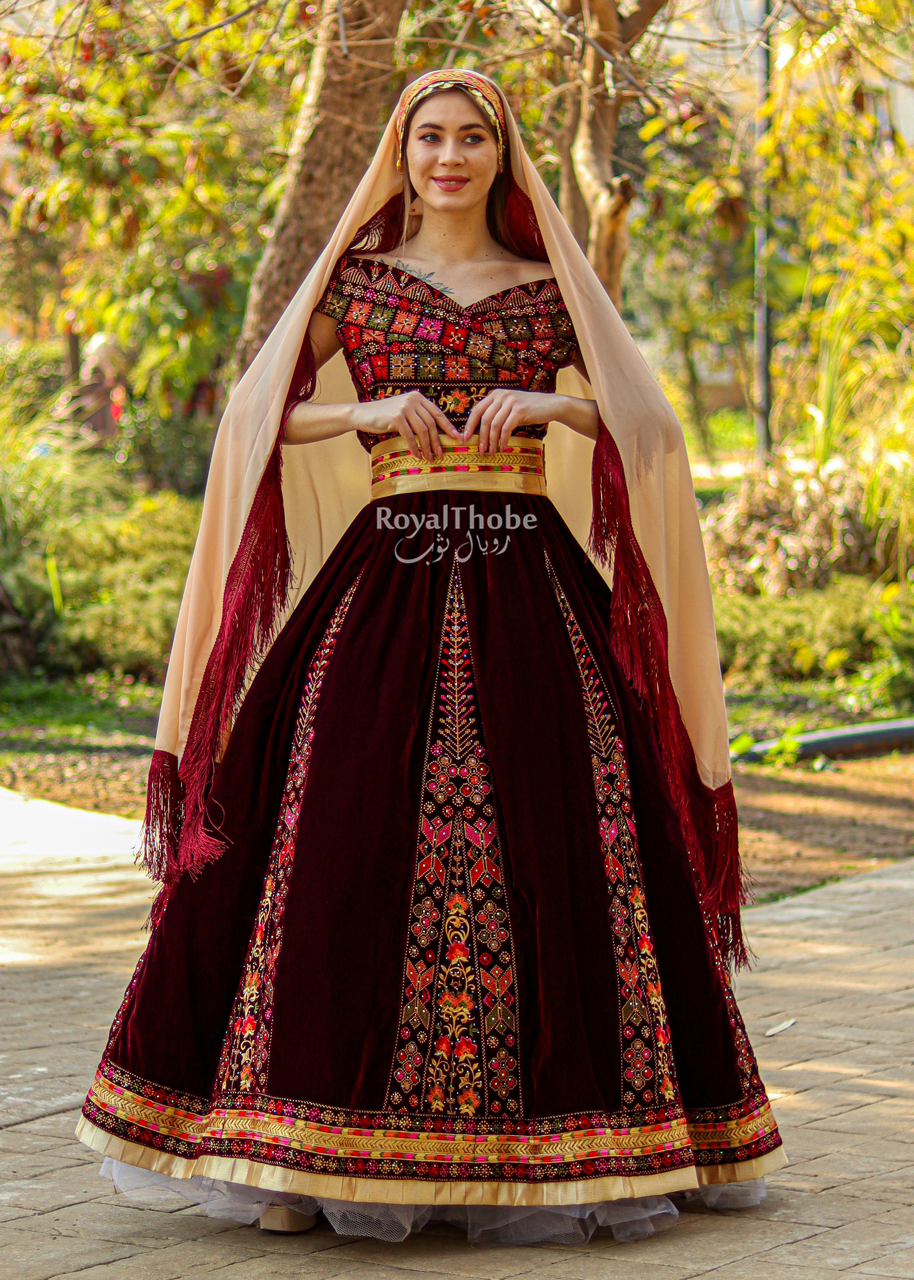 Bridal Velvet Burgundy Puffy Flare Full Embroidered Thobe/ Dress