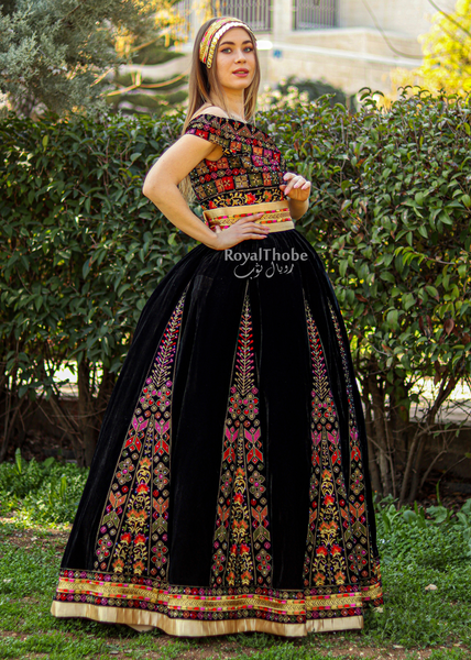 Bridal Velvet Black Puffy Flare Full Embroidered Thobe/ Dress