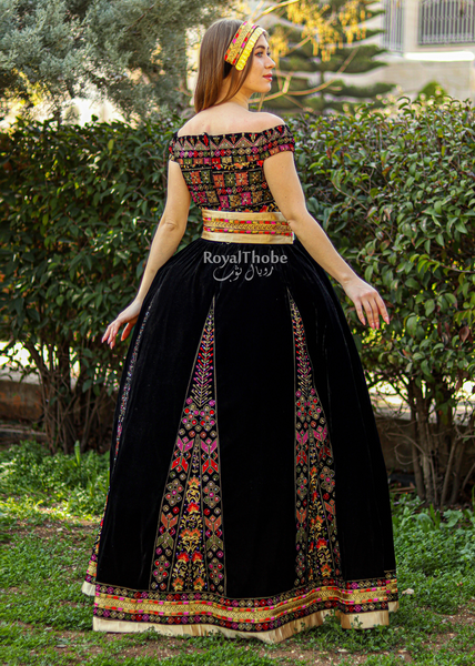 Bridal Velvet Black Puffy Flare Full Embroidered Thobe/ Dress