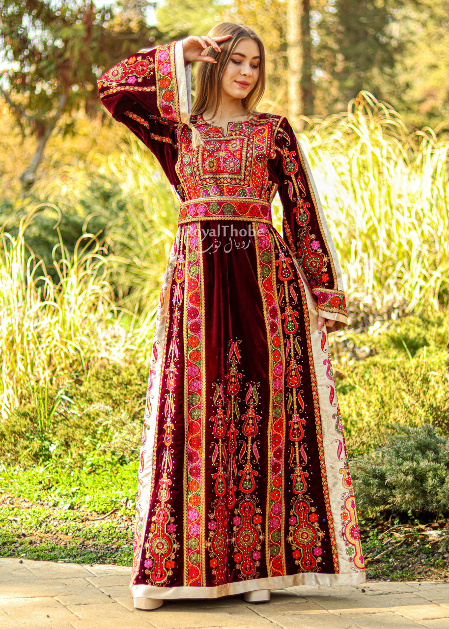Velvet Burgundy Modern Malak With Suede Beige Fabric Full Embroidered Thobe