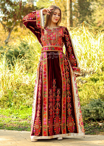 Velvet Burgundy Modern Malak With Suede Beige Fabric Full Embroidered Thobe