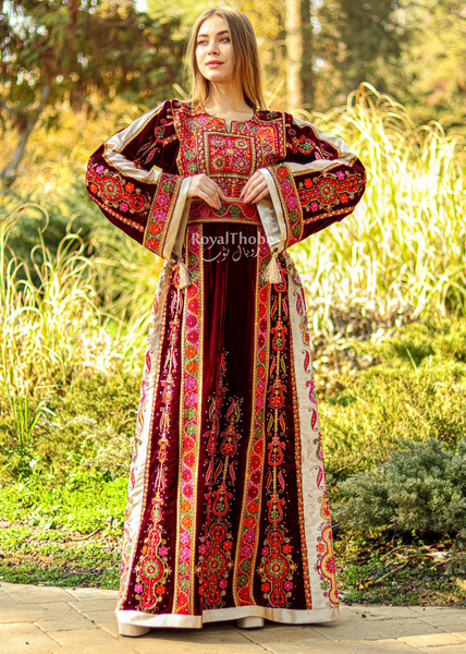 Velvet Burgundy Modern Malak With Suede Beige Fabric Full Embroidered Thobe