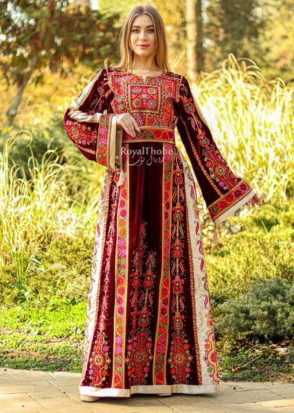 Velvet Burgundy Modern Malak With Suede Beige Fabric Full Embroidered Thobe