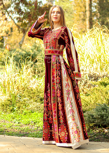 Velvet Burgundy Modern Malak With Suede Beige Fabric Full Embroidered Thobe