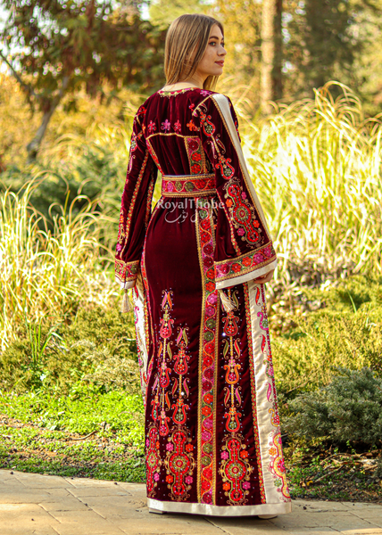 Velvet Burgundy Modern Malak With Suede Beige Fabric Full Embroidered Thobe