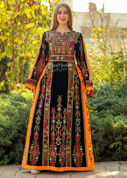 Velvet Olive Green Modern Malak With Orange Suede Fabric Full Embroidered Thobe