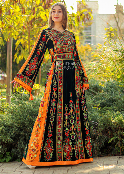 Velvet Olive Green Modern Malak With Orange Suede Fabric Full Embroidered Thobe