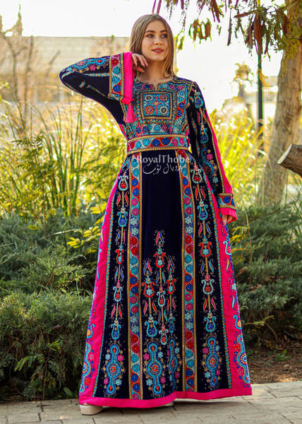 Velvet Blue Modern Malak With Pink Suede Fabric Full Embroidered Thobe