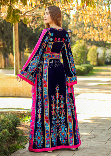 Velvet Blue Modern Malak With Pink Suede Fabric Full Embroidered Thobe