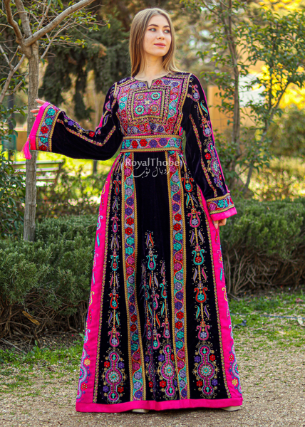 Velvet Purple Modern Malak With Pink Suede Fabric Full Embroidered Thobe