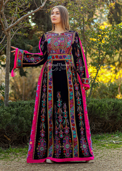 Velvet Purple Modern Malak With Pink Suede Fabric Full Embroidered Thobe