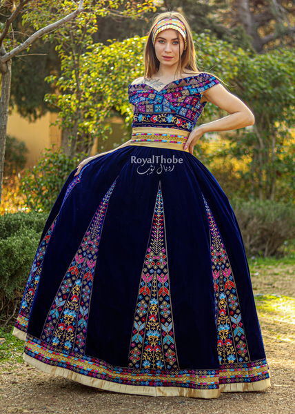 Bridal Velvet Royal Blue Puffy Flare Full Embroidered Thobe/ Dress