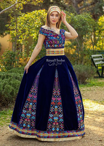 Bridal Velvet Royal Blue Puffy Flare Full Embroidered Thobe/ Dress